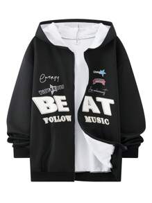 SHEIN 青少年男孩休闲夹克，外套，赛车英文图案印花，适合秋季，适合冬季，适合保暖，适合大学，适合家居