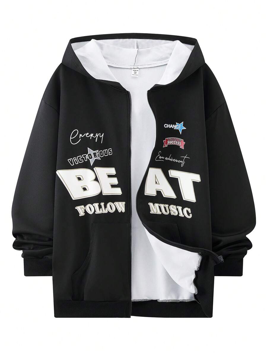 SHEIN 青少年男孩休闲夹克，外套，赛车英文图案印花，适合秋季，适合冬季，适合保暖，适合大学，适合家居