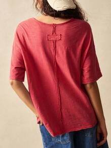 Bohemela Casual Solid Color Knitted Round Neck Short Sleeve Loose Washed Plus Size T-Shirt,Vintage Peace Sign T Shirt Women Vintage Graphic Tees Women Red T Shirts Women - Red - View 5