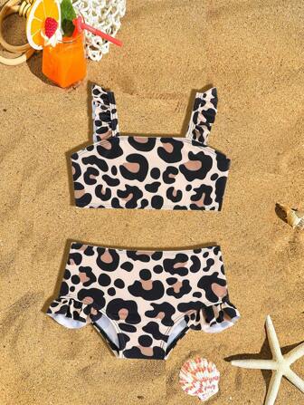 2-delige set badkleding voor pasgeboren baby's, luipaardprint, bruin, schattig haltertopje met ruches en driehoekige onderkant voor baby's