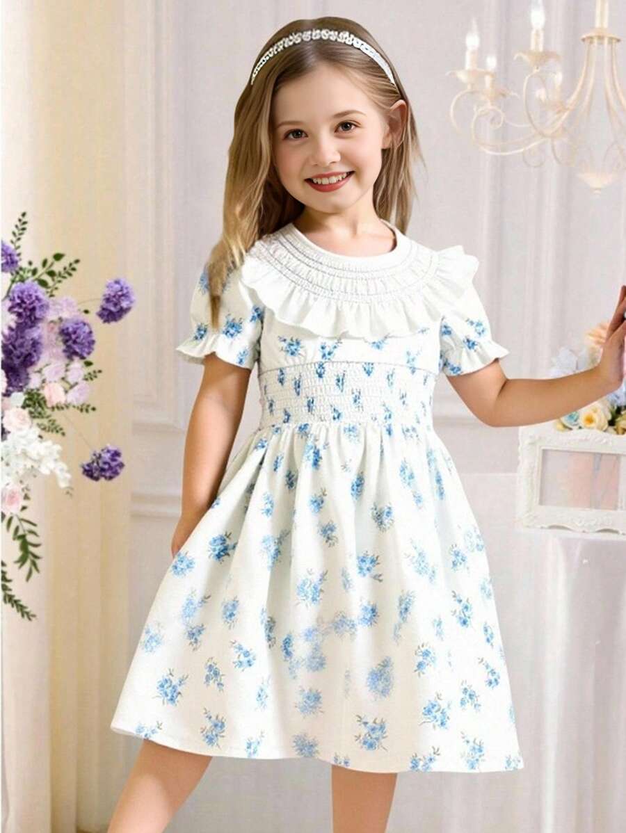 SHEIN Elegant French Ditsy Floral Puff Sleeve Dress, Collar And Waist Shirred Design, Summer Girls Clothes, Young Girls Dresses For Girls That Cover Your Shoulders