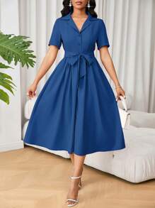 SHEIN Unity 女士通勤简约纯色翻领短袖单排扣连衣裙，夏季 - 藍色 - 查看 4