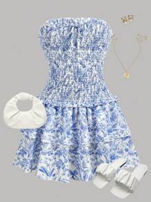 SHEIN 女童蓝白花卉印花双荷叶边下摆露肩度假连衣裙 - 藍白色 - 查看 2