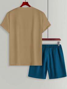 Manfinity Homme 男士字母印花短袖T恤和撞色口袋短裤套装 - 彩色 - 查看 2