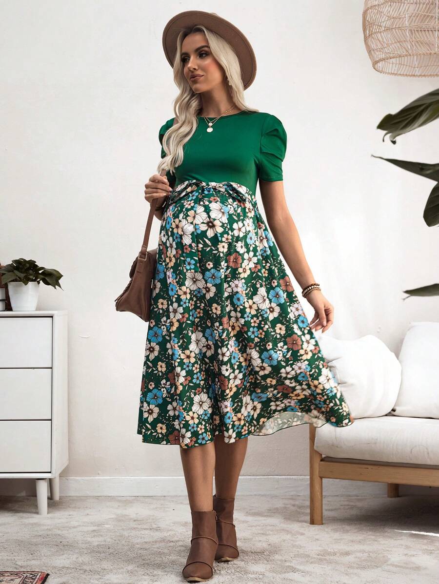 SHEIN 女士花卉印花泡泡袖超长孕妇装，优雅度假 - 綠色 - 查看 1