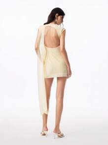 LYSMO Women's Sleeveless Draped Summer Mini Dress,Pale Yellow,Elegant,Night Out Flowing Scarf Detail,Beach Vacation Birthday Party Outfits,Office Wear - Cream - View 2