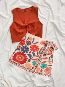 Travachic 2 件套女式纯色吊带背心和橙色花卉图案迷你裙套装，夏季时尚，度假风格，编织图案印花，女士休闲夏季度假服装，波西米亚海滩度假服装，波西米亚风情，节日服装，女士海滩服装，女士夏季服装，女士音乐会服装，热带度假女装，节日服装，波西米亚服装