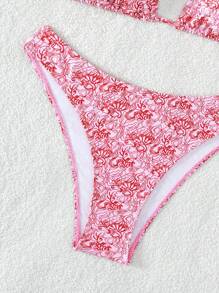 Swim Mod Summer Beach Women's Floral Print Halter Neck Bikini Set Valentine - Red - View 4