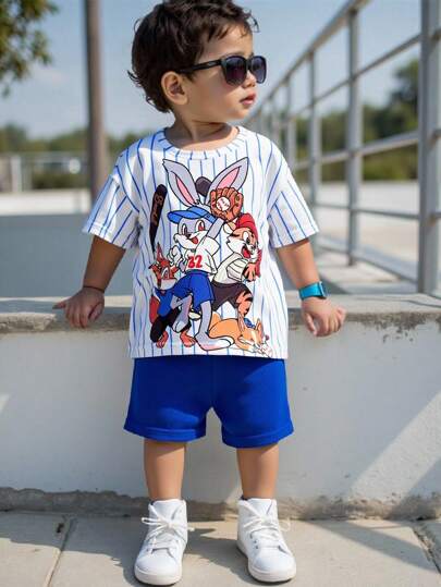 Bubblio Conjunto de verano casual para bebé niño y bebé niña con patrón de dibujos animados y rayas en la parte superior de manga corta y shorts con cintura elástica