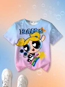 THE POWERPUFF GIRLS X SHEIN Tween Girls' Casual Cartoon & Letter Print Ombre Short Sleeve T-Shirt, Summer
