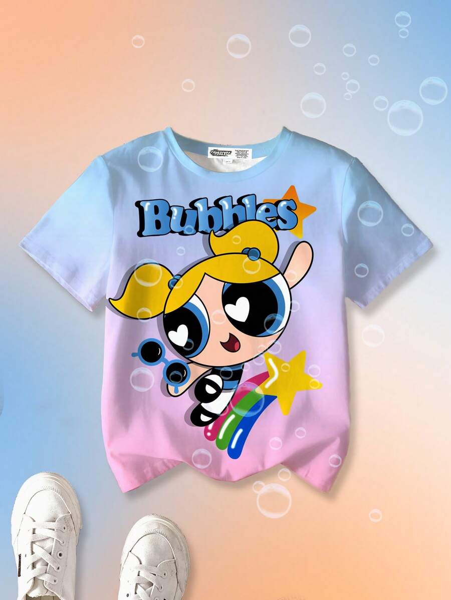 THE POWERPUFF GIRLS X SHEIN Tween Girls' Casual Cartoon & Letter Print Ombre Short Sleeve T-Shirt, Summer