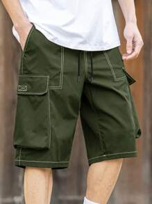 Manfinity Roghcode Pantalones cortos casuales de pierna ancha con bolsillo de carga y cordón para la cintura para hombre - Verde militar - Ver 1