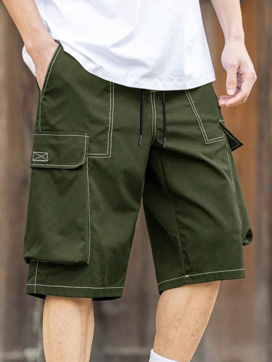 Manfinity Roghcode Pantalones cortos casuales de pierna ancha con bolsillo de carga y cordón para la cintura para hombre - Verde militar - Ver 1