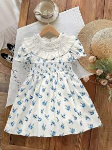 SHEIN Elegant French Ditsy Floral Puff Sleeve Dress, Collar And Waist Shirred Design, Summer Girls Clothes, Young Girls Dresses For Girls That Cover Your Shoulders