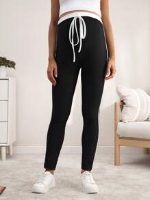 SHEIN 孕妇弹力腰拼接黑白打底裤，秋冬休闲 - 黑色 - 查看 4