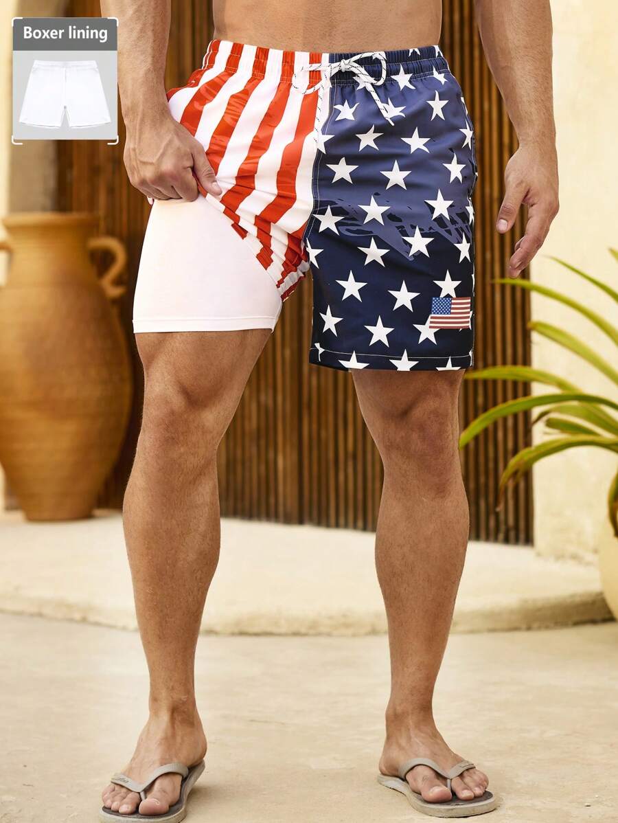 Manfinity Swimmode Men's USA Flag Print Drawstring Waist Beach Shorts - Orange - View 1