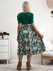 SHEIN 女士花卉印花泡泡袖超长孕妇装，优雅度假 - 綠色 - 查看 2