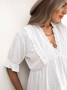 SHEIN 孕妇提花荷叶边短泡泡袖休闲衬衫 - 白色 - 查看 7