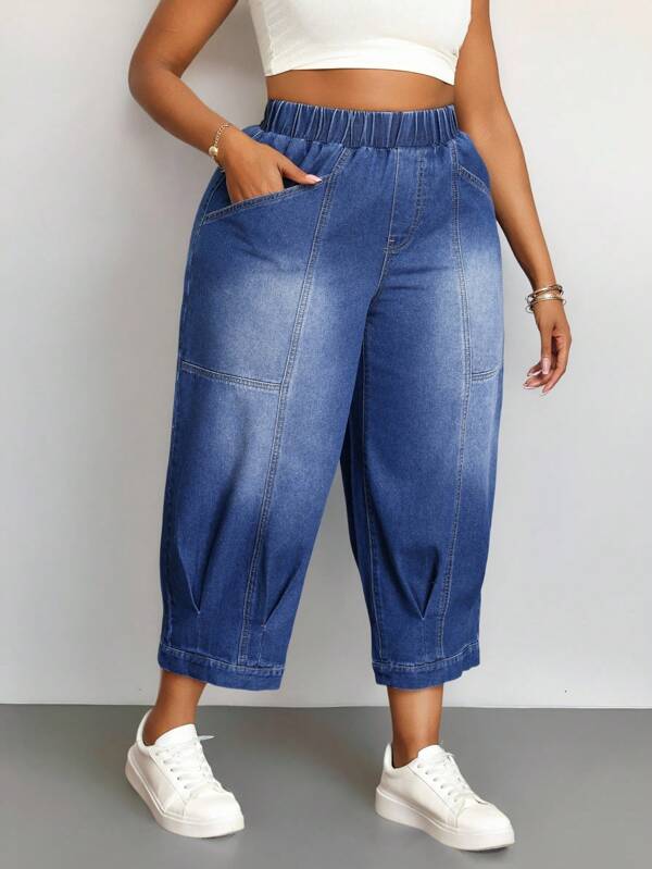 SHEIN Tall CURVE Pantaloni Tapered Loose Fit Femei Dimensiune Plus Albastru Denim