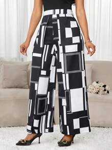 SHEIN Lady 女士高腰几何印花阔腿休闲女装工作服女式办公室工作裤女士工作服商务休闲工作服