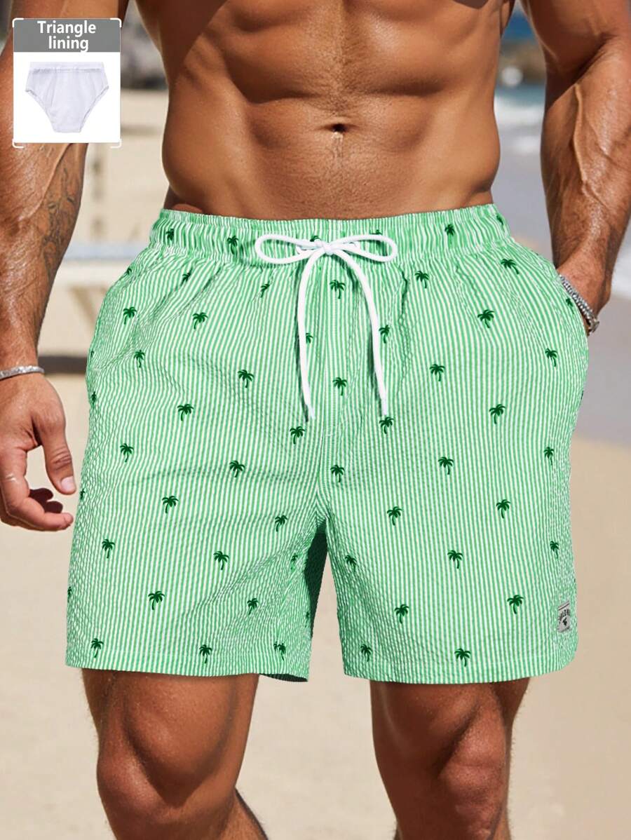 Surfspeed Quần short đi biển cạp rút có túi kẻ sọc hình cây cọ dành cho nam - màu xanh lá - Xem 1