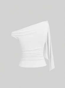 Sweetra Women's Bowknot Strap Shoulder Blouse - White - View 2