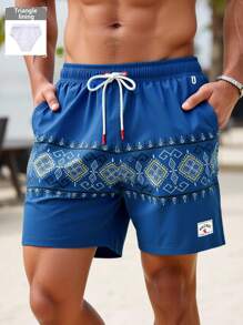 Manfinity KASUA Men's Geometric Print Drawstring Waist Beach Shorts - Blue - View 1