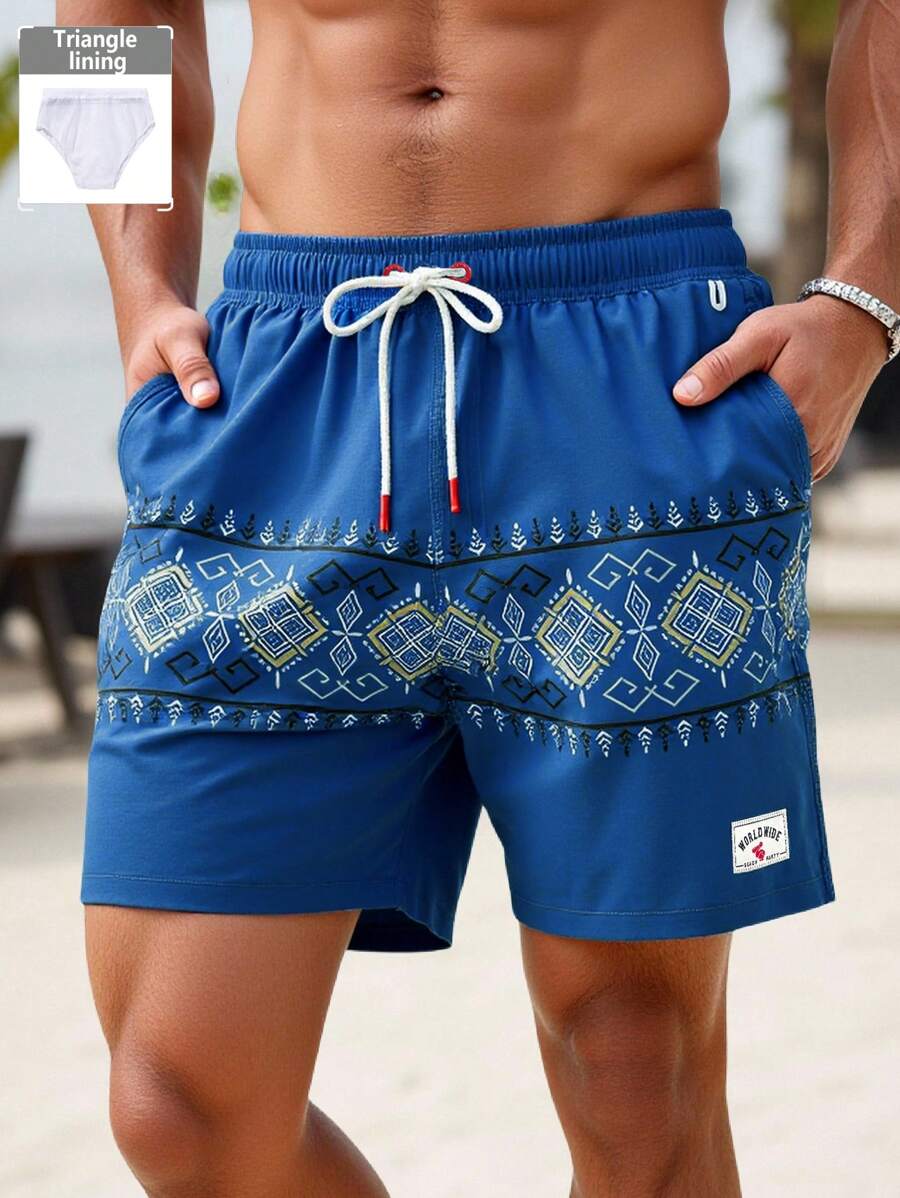 Manfinity KASUA Men's Geometric Print Drawstring Waist Beach Shorts - Blue - View 1