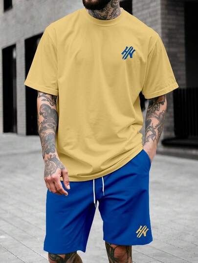 Manfinity Homme Men's Casual Letter Embroidery T-Shirt And Shorts Set, Summer Men Summer Casual Short Sleeve T Shirt And Shorts Set
