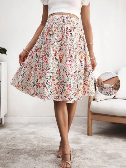 SHEIN 印花荷叶边束腰半身裙，休闲孕妇裙