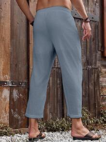 Genlund Men's Casual Drawstring Waist Solid Color Pants Men Linen Pants Summer Pants Men Summer Pants - Dark Grey - View 2