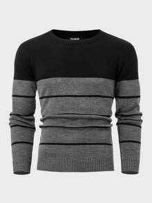 SHEIN Cottnline كنزة صوفية قطن كاجوال عادية للرجال مخططة بألوان متباينة - رمادي غامق - مشاهدة 1