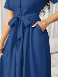 SHEIN Unity 女士通勤简约纯色翻领短袖单排扣连衣裙，夏季 - 藍色 - 查看 6