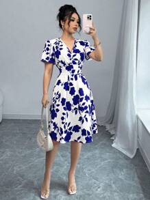 Selianne Women Elegant Ruched Print Bodycon Mini Dress, Suitable For Commuting And Everyday Wear