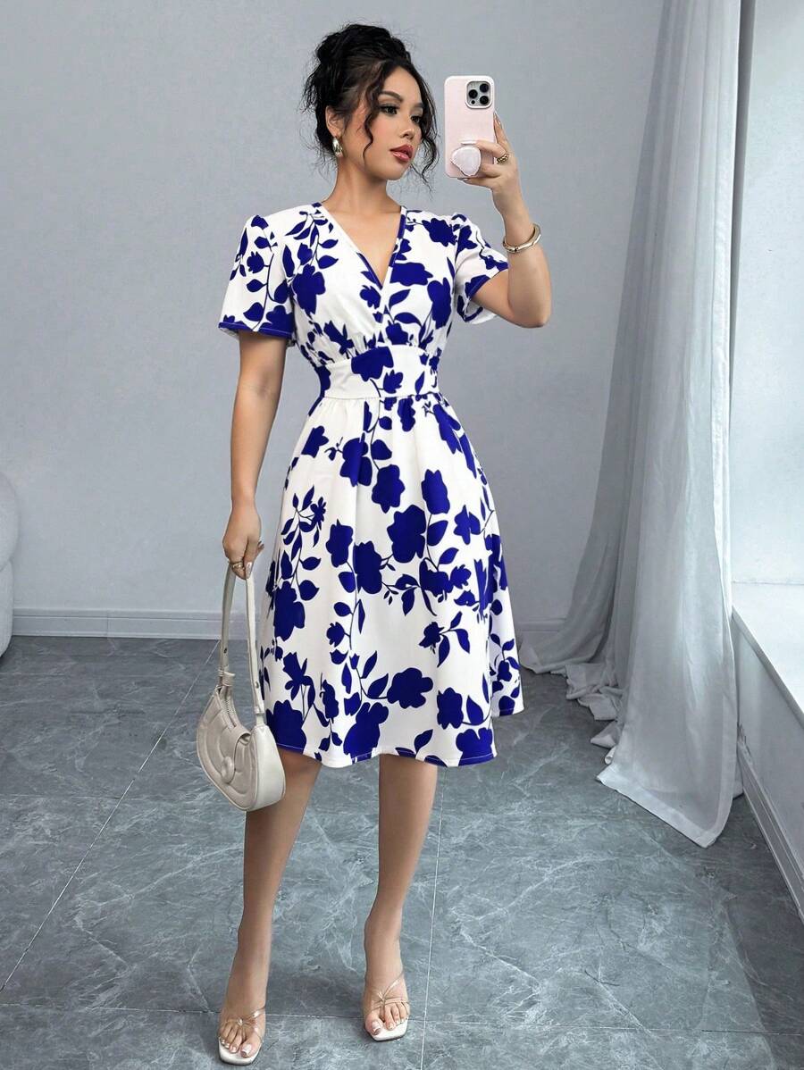 Selianne Women Elegant Ruched Print Bodycon Mini Dress, Suitable For Commuting And Everyday Wear