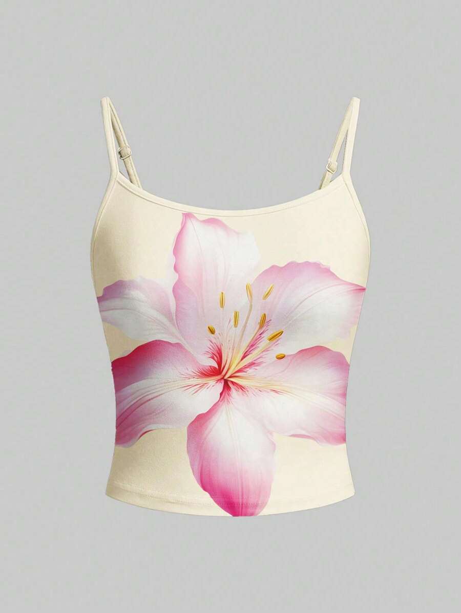 奶油黄色，少女休闲简约热带芙蓉和蜀葵花卉印花吊带背心休闲度假上衣，夏季 - 彩色 - 查看 1