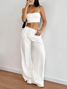 SHEIN PETITE 女款弹性腰部阔腿直筒裤，度假休闲风格，小码版型，春夏 - 白色 - 查看 5