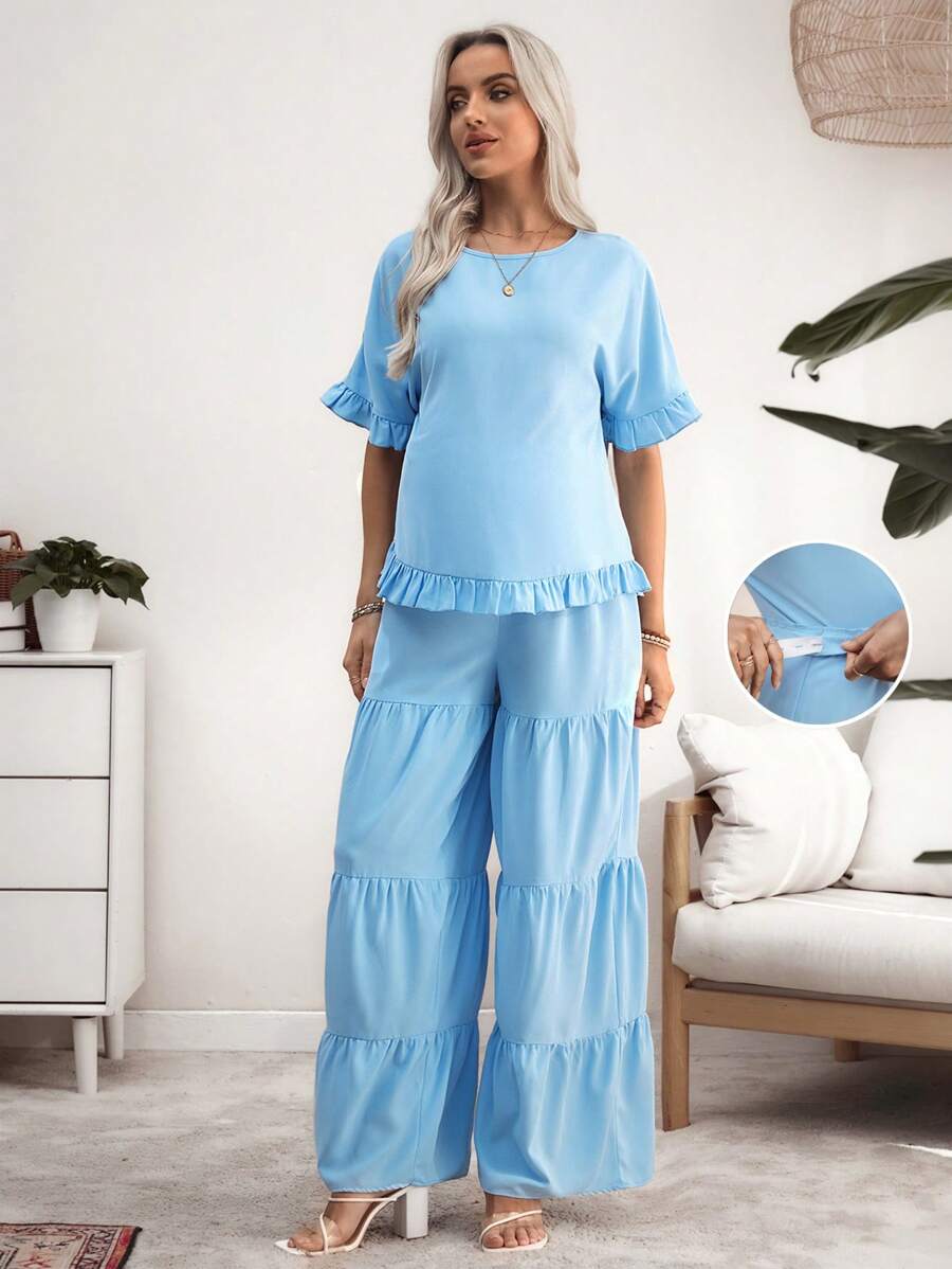 SHEIN Set Pakaian Hamil 2 Potong: Kemeja Kasual Lengan Pendek Kerah Bulat Polos dengan Hiasan Ruffle di Bagian Bawah + Celana Panjang Berlipit Berlapis dengan Pinggang Elastis Polos - Biru - View 1