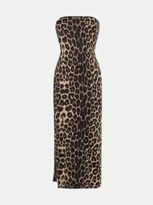 Rochie de vară pentru fete preadolescente, cu imprimeu leopard și crăpături la tiv, croială tubulară