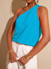 Vesra Women's Pleated Fashion One-Shoulder Tie Front Top Summer - Blue - View 1