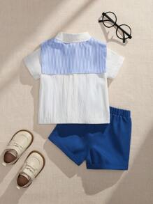 SHEIN 2pcs Set Boy Lapel Woven Cardigan Shirt + Solid Color Elastic Waist 5-Minute Shorts Sports Casual Outfit + Shawl, Baby Boy Summer Outfit Set, Baby Boy Royal Blue Set, Baby Boy Summer Clothes, Baby Boy Clothes Set, Summer Outfit Baby Boy - Navy Blue - View 2