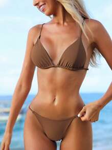 Swim Vcay 女士纯色褶皱性感比基尼夏季