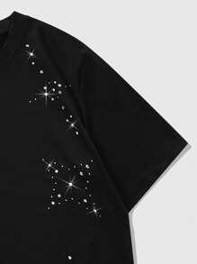 ROMWE MEN Street Life Áo thun tay ngắn Unisex có họa tiết ngôi sao đính đá thời trang, thiết kế theo phong cách đường phố của Mỹ - màu đen - Xem 6
