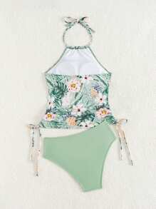 Swim Lushoire Bộ đồ bơi nữ mùa hè có dây rút họa tiết hoa dệt kim 2 món - màu xanh lá - Xem 5