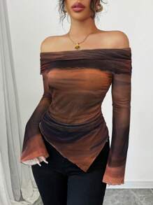 Firerie Top pentru femei, cu umeri goi, imprimeu ombre, mânecă lungă, tiv asimetric, potrivit pentru primăvară/vară, plajă, sexy, stațiune, plajă, boho, Hawaii, festival de muzică