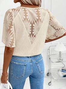 SHEIN Clasi Camisa T de Babados de Manga Remendada em Tecido Waffle Elegante Feminina, Versátil para Uso Diário, Transporte e Múltiplas Ocasiões