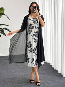 Lacomfia 2 件套女士花卉印花圆领无袖连衣裙和短袖夹克，优雅套装 - 彩色 - 查看 4
