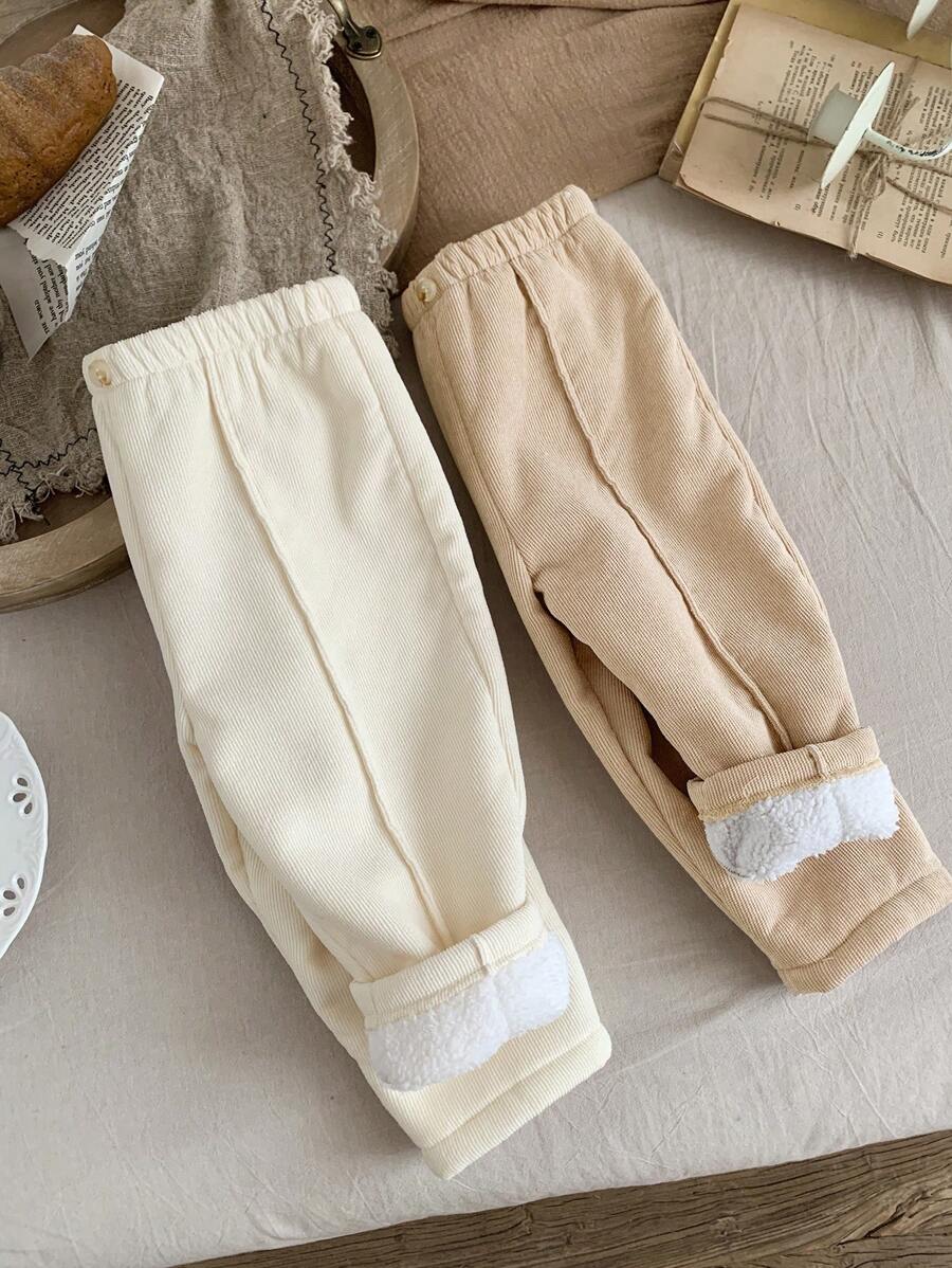 SHEIN LMoss Kids LMoss 2 件装女婴灯芯绒保暖内衬松紧腰裤套装，秋冬款