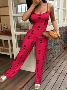 SHEIN 女士心形图案针织吊带背心和休闲裤睡衣套装，四季皆宜，舒适穿着 - 紅色 - 查看 2
