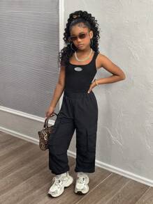 SHEIN Tween Girl Casual Streetwear Solid Color Knit Cami Top And Jogger Pants Set - Black - View 5